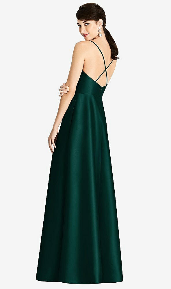 Back View - Evergreen V-Neck Full Skirt Satin Maxi Dress