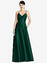 Front View Thumbnail - Hunter Green V-Neck Full Skirt Satin Maxi Dress