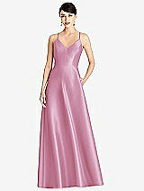 Front View Thumbnail - Powder Pink V-Neck Full Skirt Satin Maxi Dress