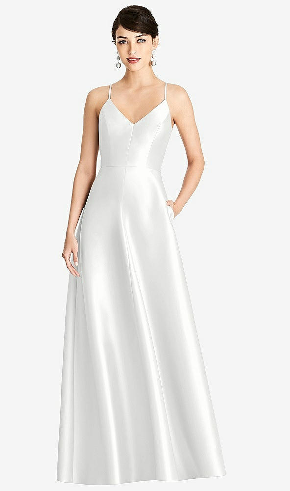 Front View - White V-Neck Full Skirt Satin Maxi Dress