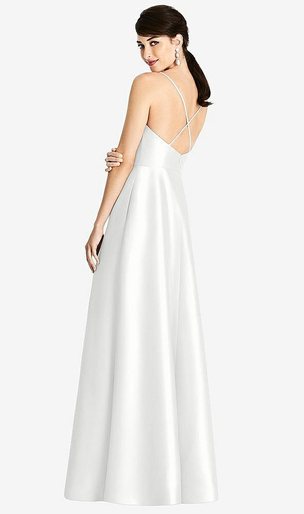 Back View - White V-Neck Full Skirt Satin Maxi Dress