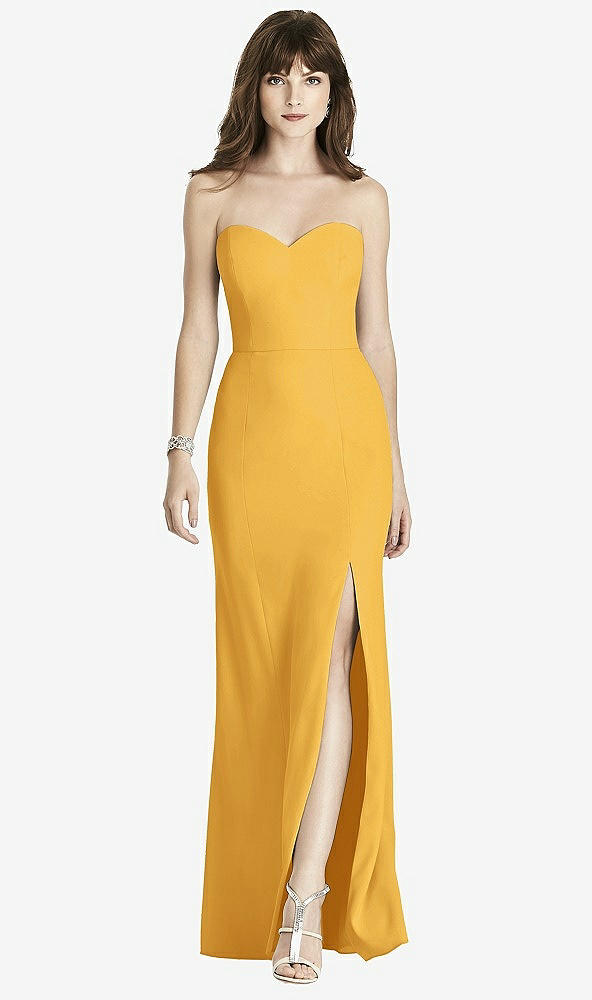 Front View - NYC Yellow Strapless Crepe Trumpet Gown with Front Slit