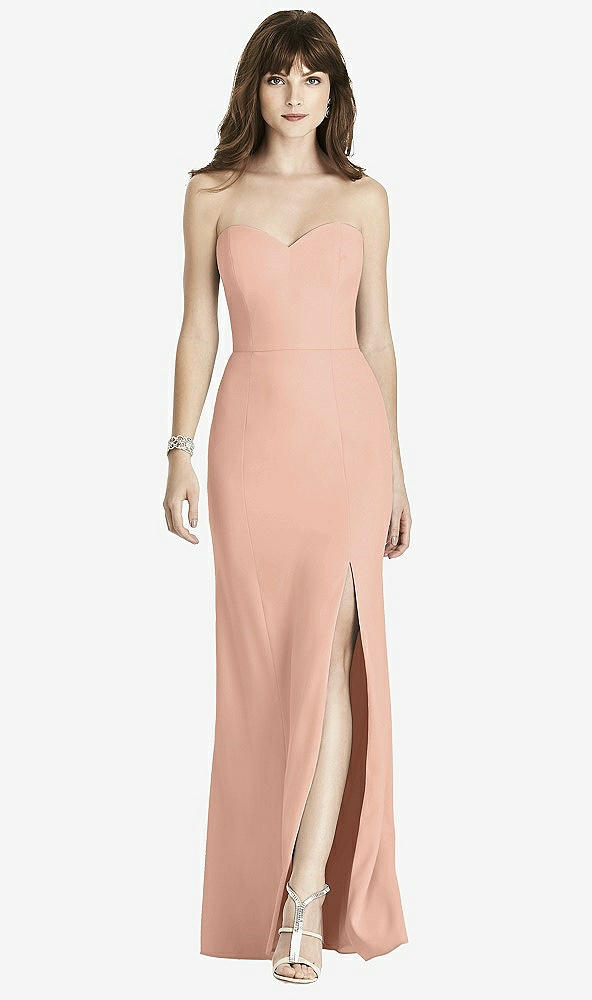 Front View - Pale Peach Strapless Crepe Trumpet Gown with Front Slit