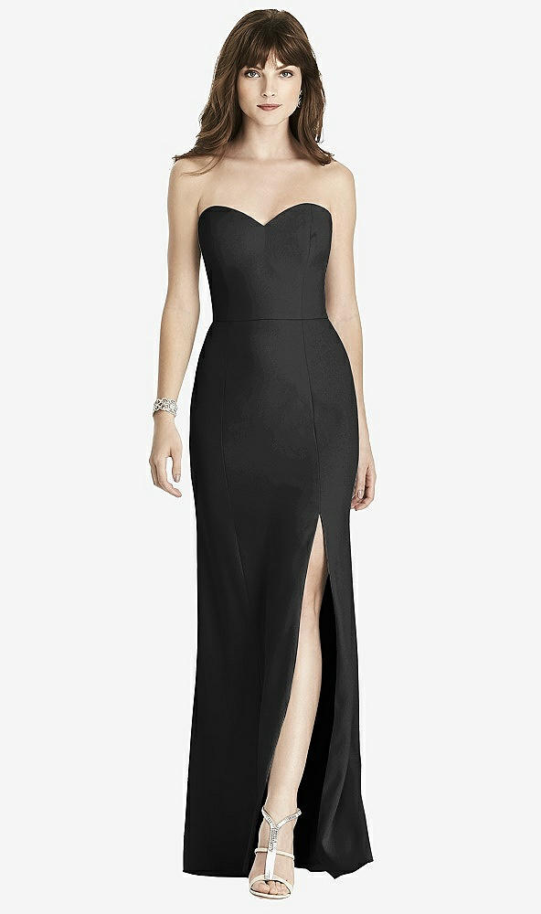 Front View - Black Strapless Crepe Trumpet Gown with Front Slit