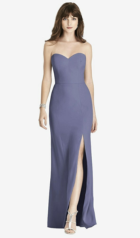 Front View - French Blue Strapless Crepe Trumpet Gown with Front Slit