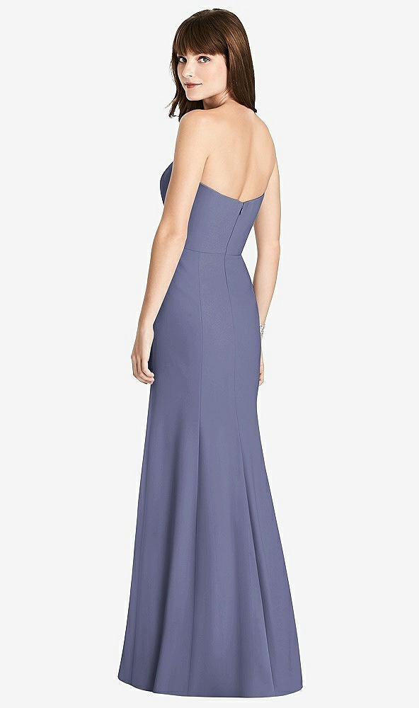 Back View - French Blue Strapless Crepe Trumpet Gown with Front Slit