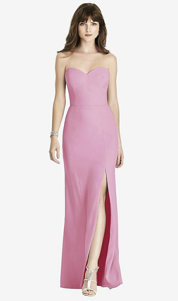 Front View - Powder Pink Strapless Crepe Trumpet Gown with Front Slit