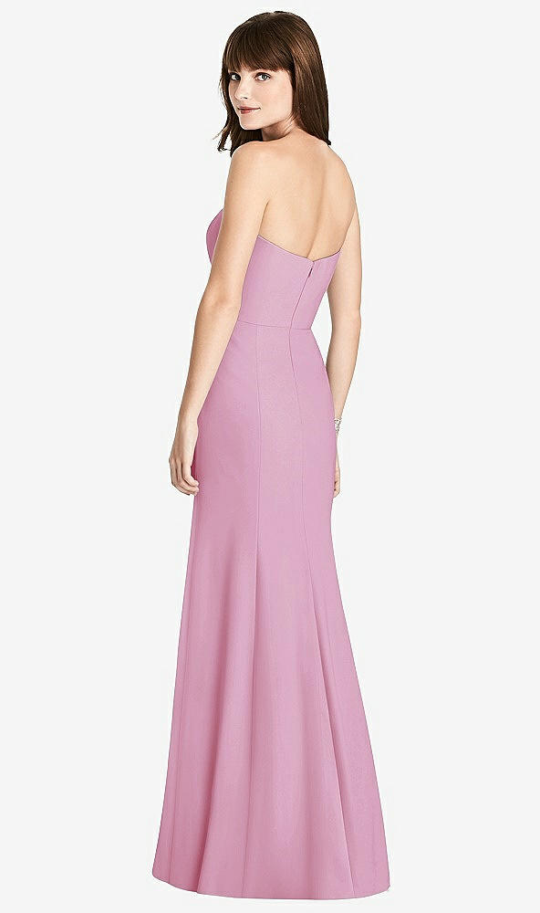 Back View - Powder Pink Strapless Crepe Trumpet Gown with Front Slit