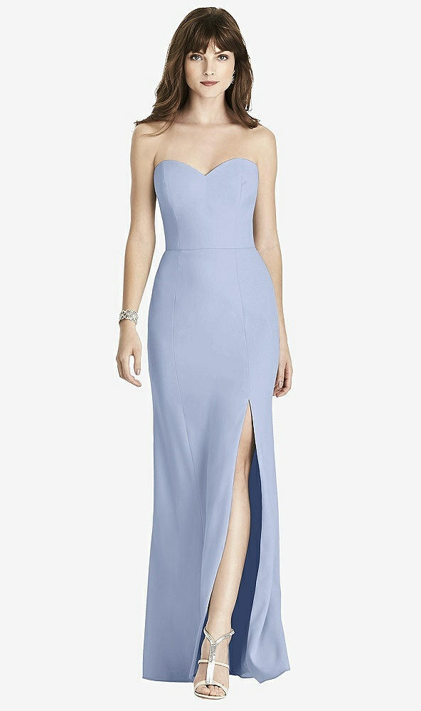 Front View - Sky Blue Strapless Crepe Trumpet Gown with Front Slit