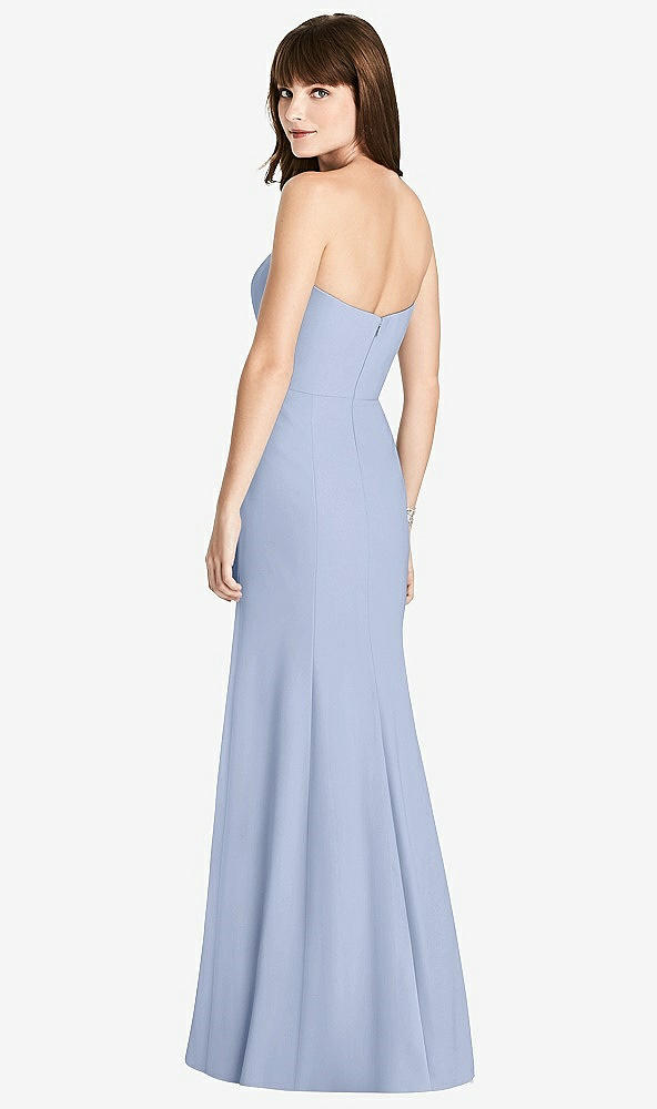 Back View - Sky Blue Strapless Crepe Trumpet Gown with Front Slit