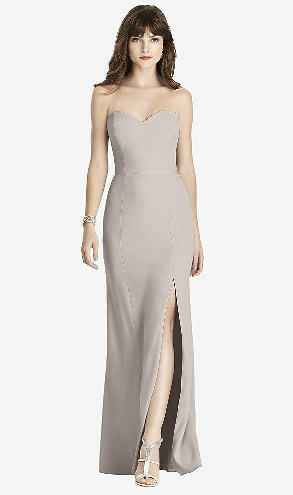 Front View - Taupe Strapless Crepe Trumpet Gown with Front Slit