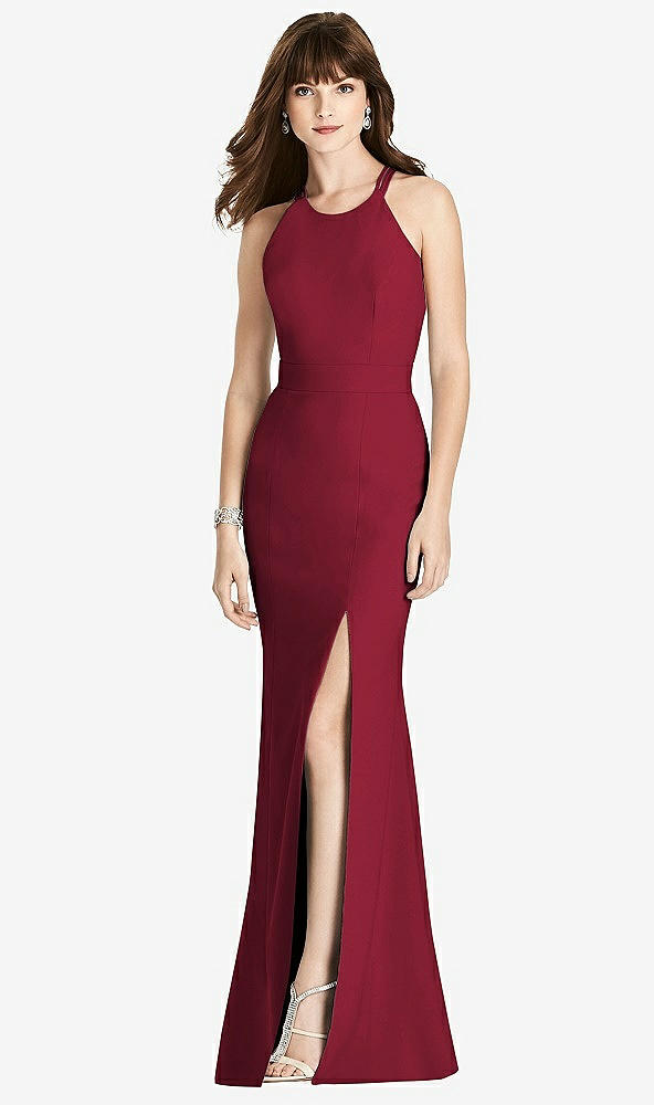 Front View - Burgundy Criss Cross Open-Back Trumpet Gown