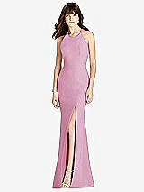 Front View Thumbnail - Powder Pink Criss Cross Open-Back Trumpet Gown