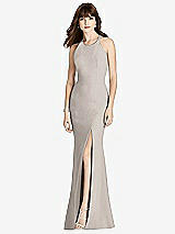 Front View Thumbnail - Taupe Criss Cross Open-Back Trumpet Gown