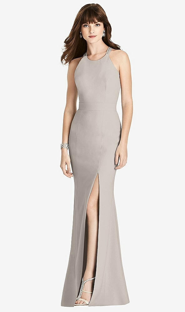 Front View - Taupe Criss Cross Open-Back Trumpet Gown