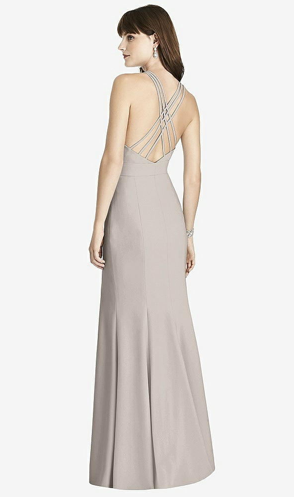Back View - Taupe Criss Cross Open-Back Trumpet Gown