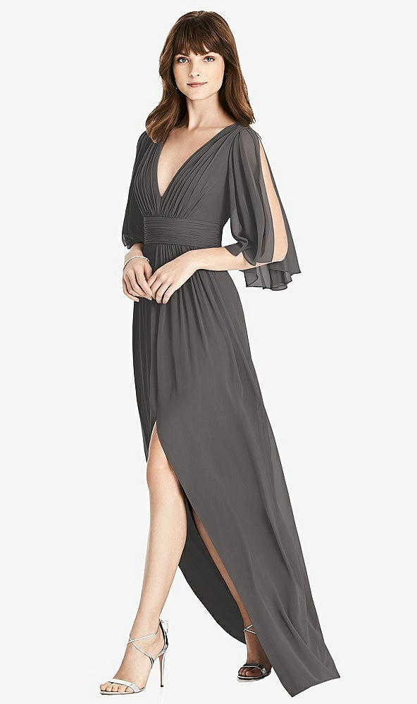 Front View - Caviar Gray Split Sleeve Backless Chiffon Maxi Dress