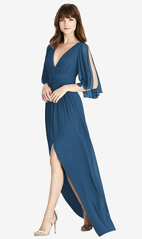 Front View - Dusk Blue Split Sleeve Backless Chiffon Maxi Dress