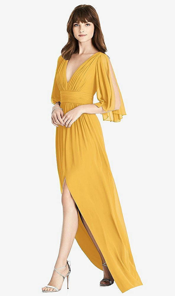 Front View - NYC Yellow Split Sleeve Backless Chiffon Maxi Dress