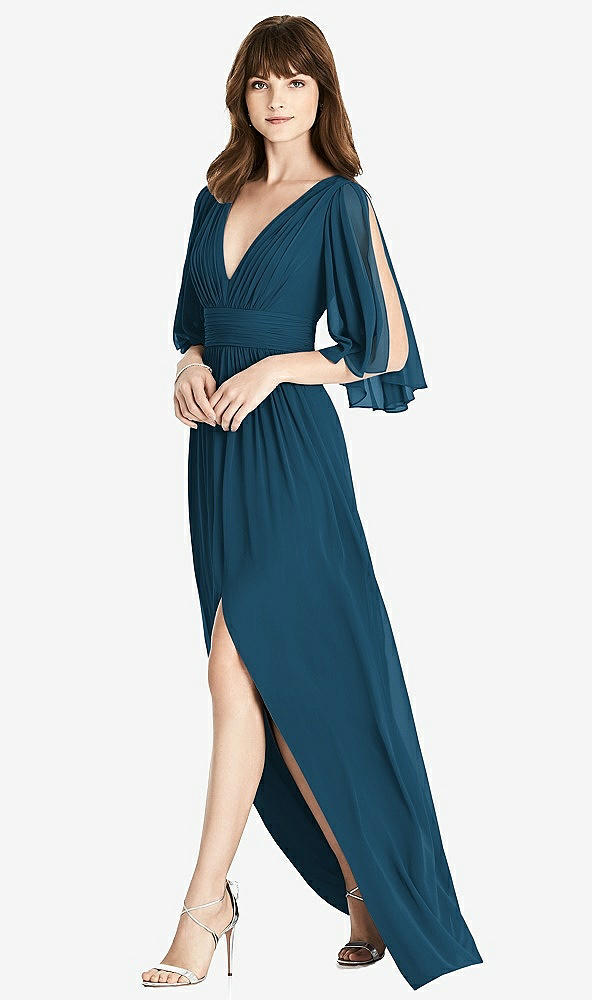 Front View - Atlantic Blue Split Sleeve Backless Chiffon Maxi Dress