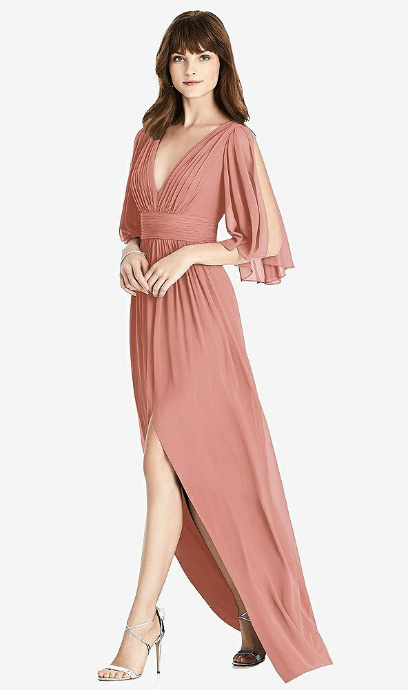 Front View - Desert Rose Split Sleeve Backless Chiffon Maxi Dress