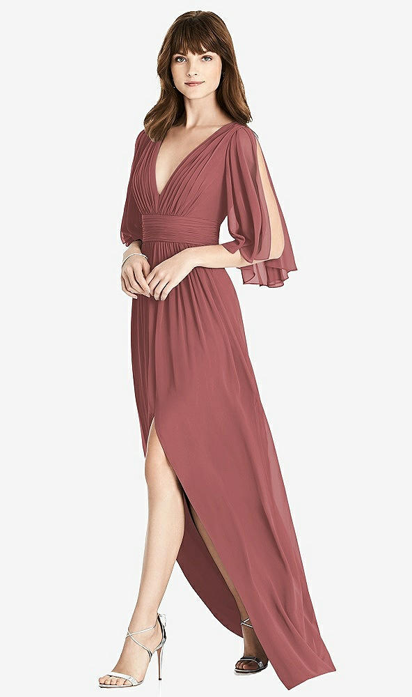 Front View - English Rose Split Sleeve Backless Chiffon Maxi Dress