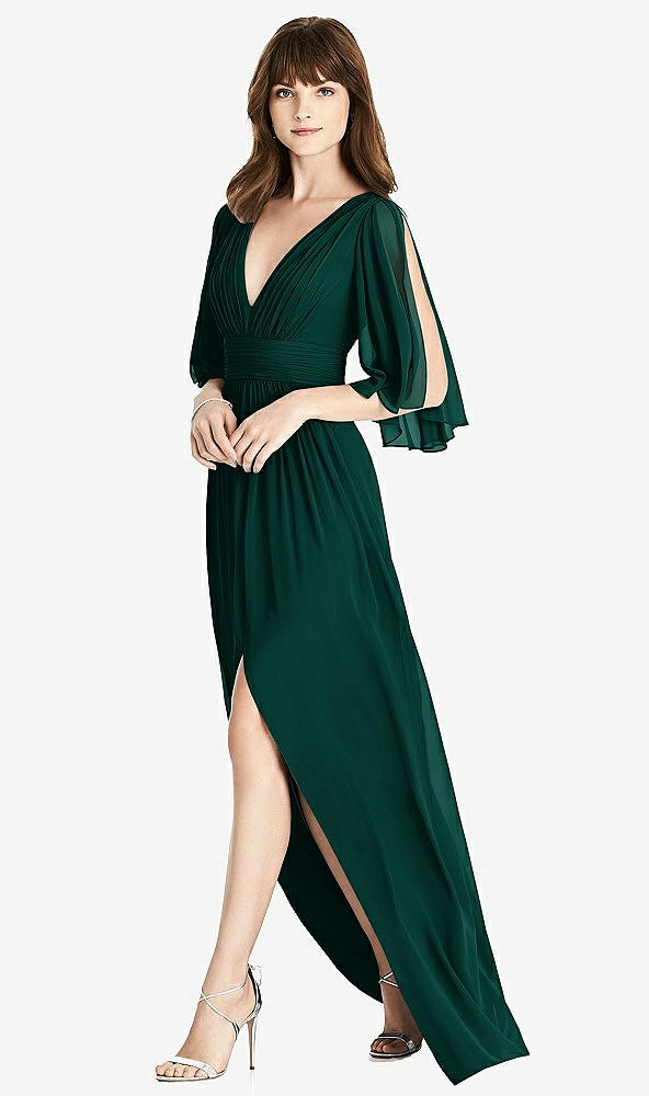 Front View - Evergreen Split Sleeve Backless Chiffon Maxi Dress