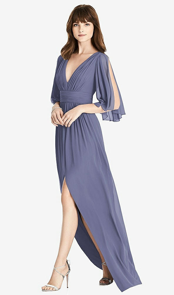 Front View - French Blue Split Sleeve Backless Chiffon Maxi Dress
