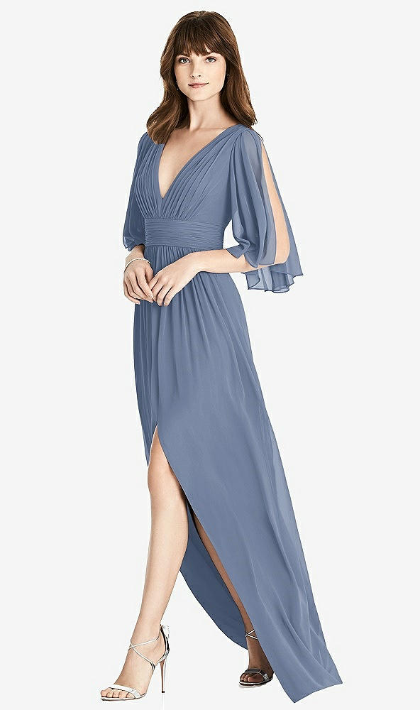 Front View - Larkspur Blue Split Sleeve Backless Chiffon Maxi Dress