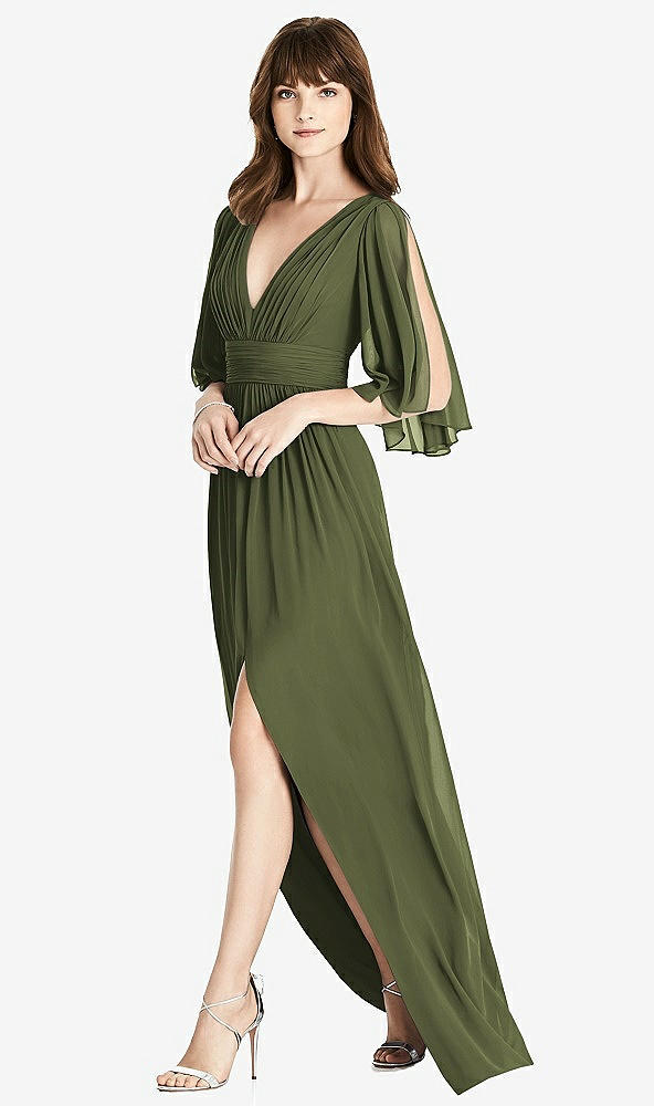 Front View - Olive Green Split Sleeve Backless Chiffon Maxi Dress