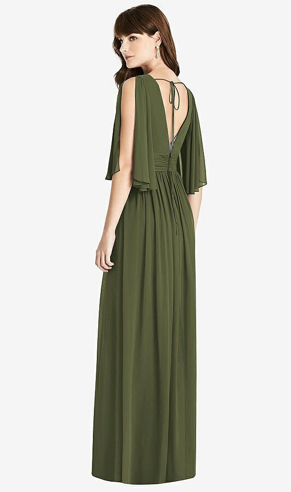 Back View - Olive Green Split Sleeve Backless Chiffon Maxi Dress