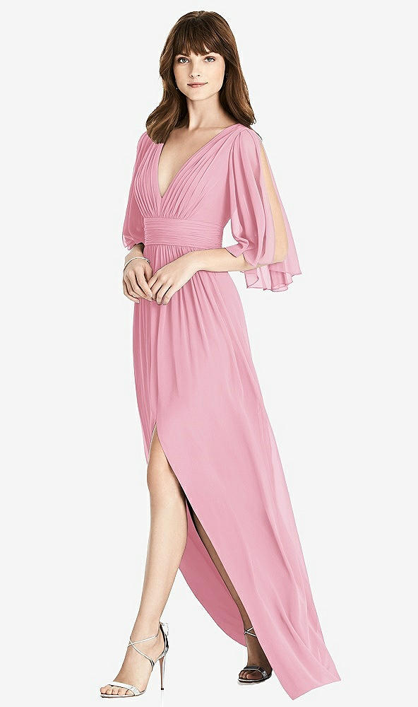 Front View - Peony Pink Split Sleeve Backless Chiffon Maxi Dress