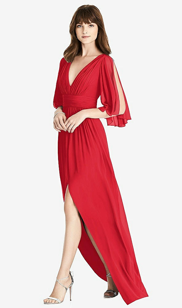 Front View - Parisian Red Split Sleeve Backless Chiffon Maxi Dress