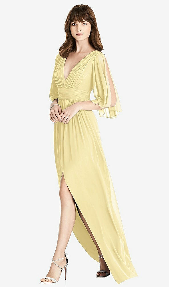 Front View - Pale Yellow Split Sleeve Backless Chiffon Maxi Dress