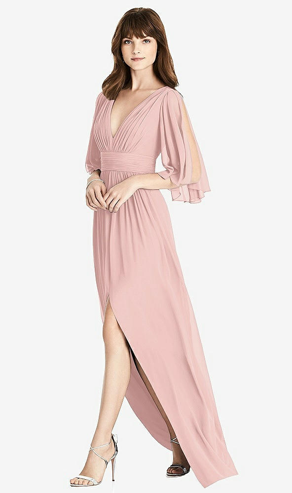Front View - Rose - PANTONE Rose Quartz Split Sleeve Backless Chiffon Maxi Dress