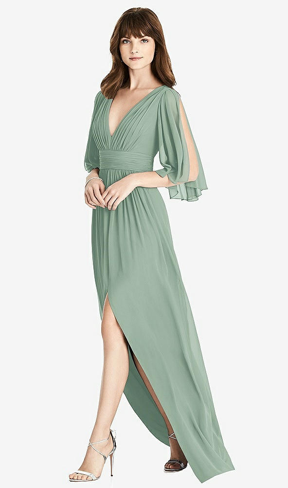 Front View - Seagrass Split Sleeve Backless Chiffon Maxi Dress