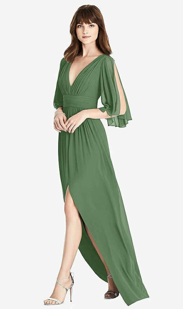 Front View - Vineyard Green Split Sleeve Backless Chiffon Maxi Dress
