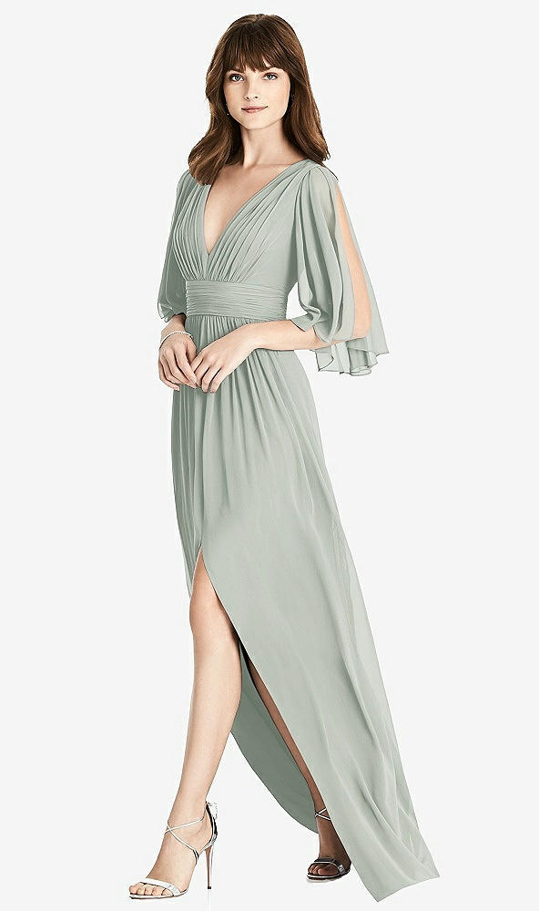 Front View - Willow Green Split Sleeve Backless Chiffon Maxi Dress