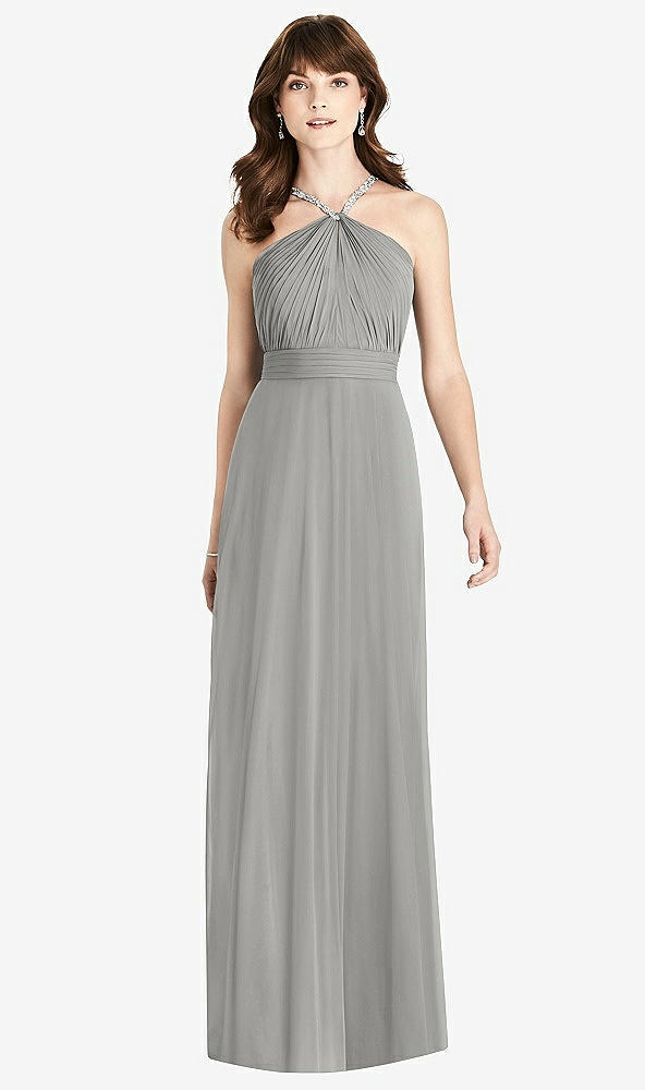 Front View - Chelsea Gray Jeweled Twist Halter Maxi Dress