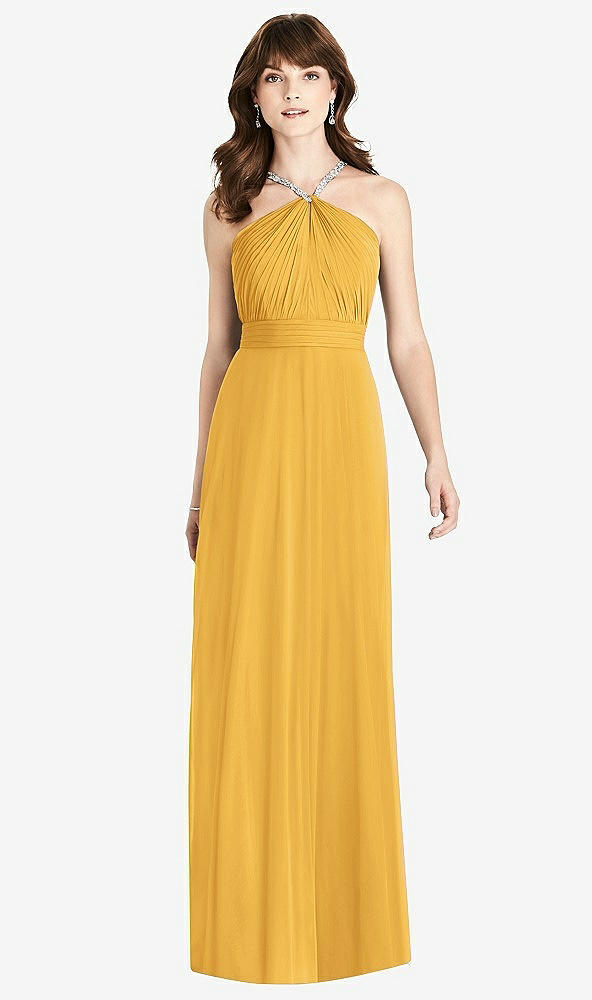 Front View - NYC Yellow Jeweled Twist Halter Maxi Dress