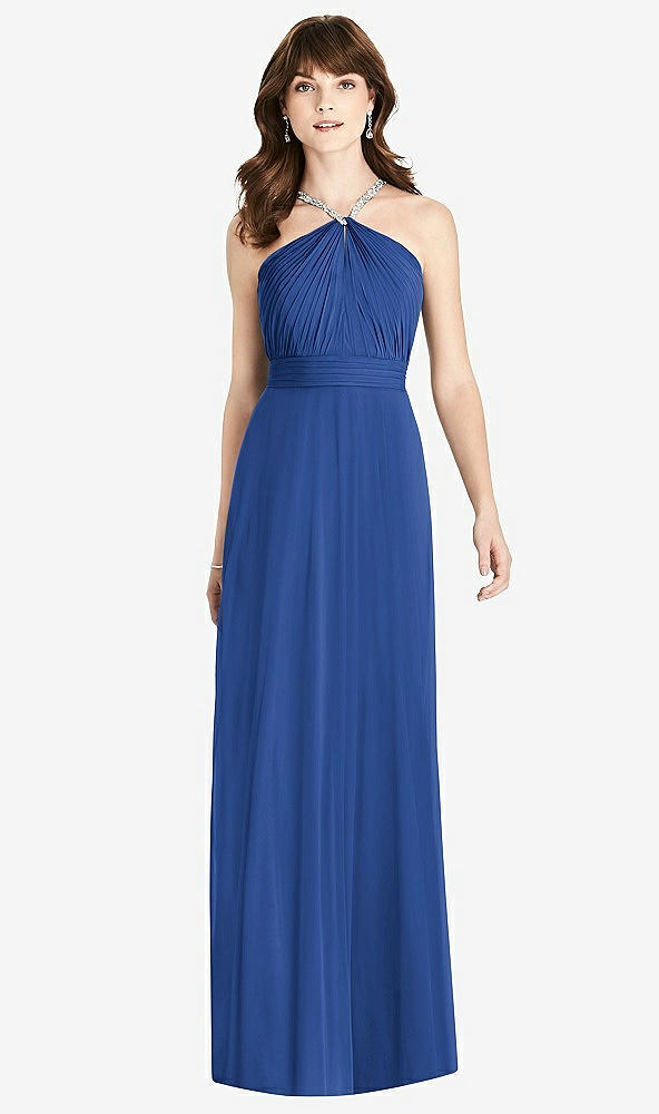 Front View - Classic Blue Jeweled Twist Halter Maxi Dress