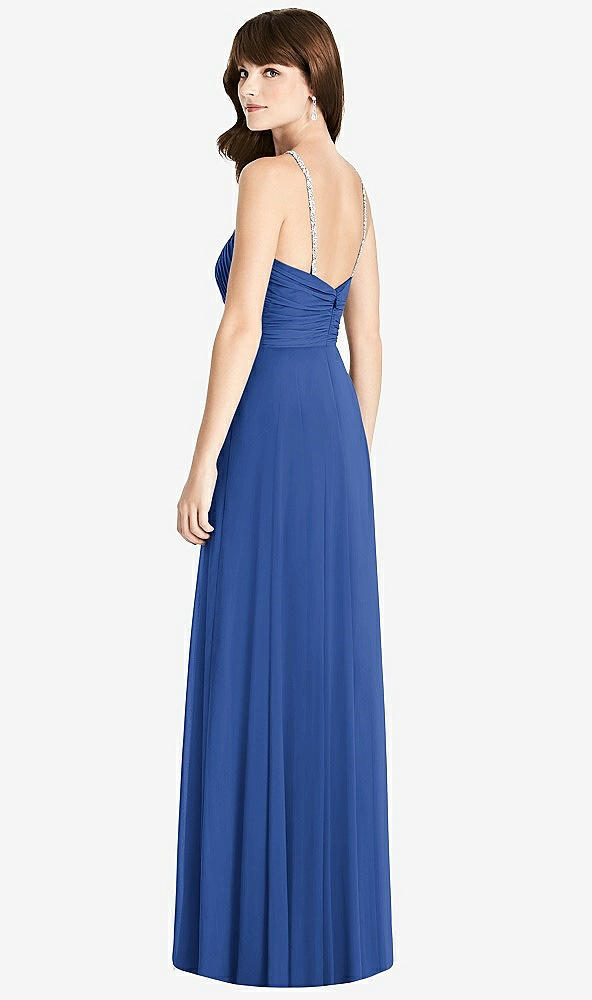 Back View - Classic Blue Jeweled Twist Halter Maxi Dress