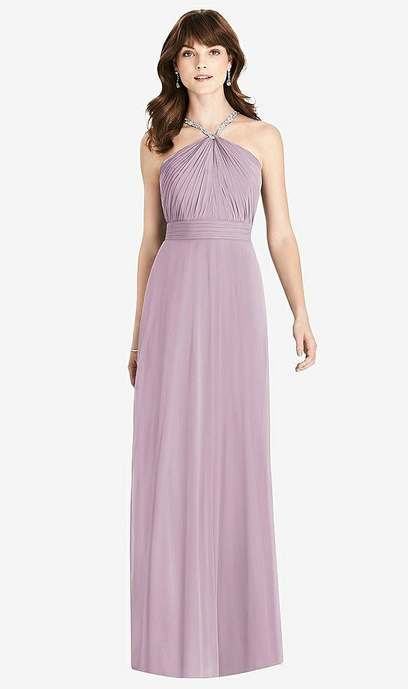 Front View - Suede Rose Jeweled Twist Halter Maxi Dress