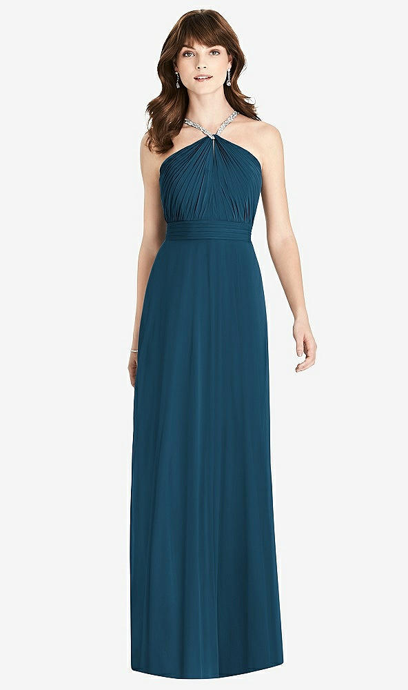 Front View - Atlantic Blue Jeweled Twist Halter Maxi Dress