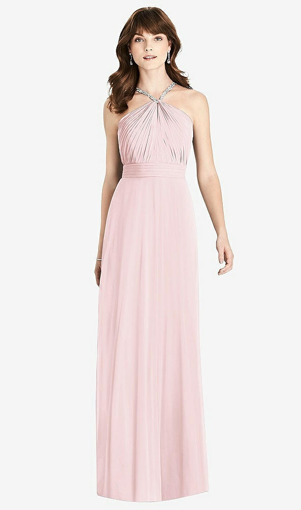 Front View - Ballet Pink Jeweled Twist Halter Maxi Dress