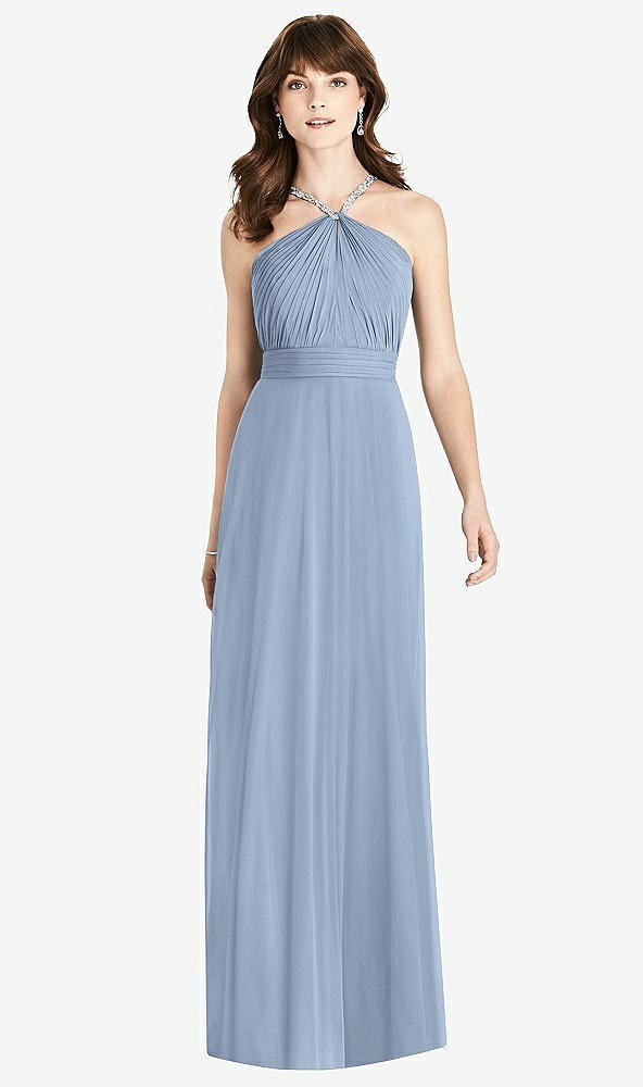 Front View - Cloudy Jeweled Twist Halter Maxi Dress