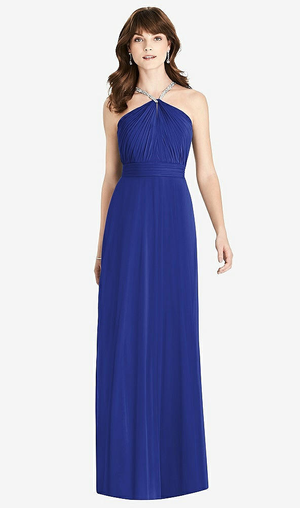 Front View - Cobalt Blue Jeweled Twist Halter Maxi Dress