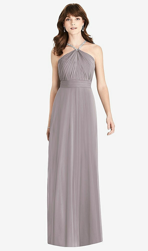 Front View - Cashmere Gray Jeweled Twist Halter Maxi Dress