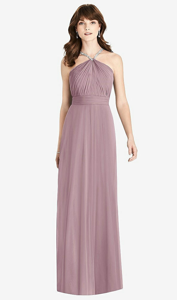 Front View - Dusty Rose Jeweled Twist Halter Maxi Dress
