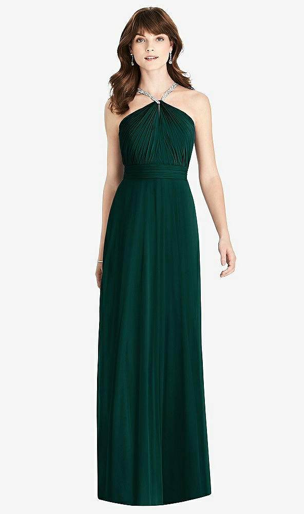 Front View - Evergreen Jeweled Twist Halter Maxi Dress